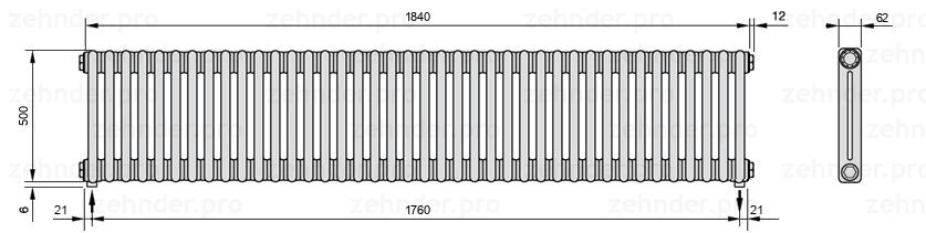Схема (чертеж) Радиатор Zehnder Charleston 2050/40 №3570 Белый глянцевый RAL 9016